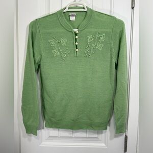 Vintage Adrian Delafield Green Embroidered Pearl Button Knit Sweater Size S